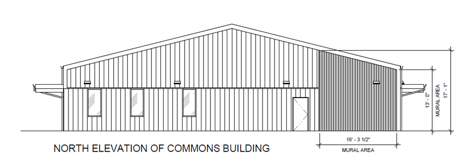 North elevation of Commons Building shows mural area on the right side when facing the building.