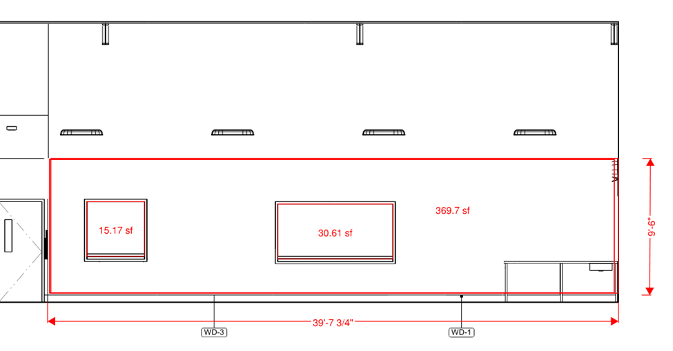 The mural area is 39 feet, 7 3/4 inches wide and 9 feet, 6 inches tall. The total mural area is 376 square feet. There are two windows. The left window is square and 15.17 square feet. The right window is a horizontal rectangle and 30.61 square feet.