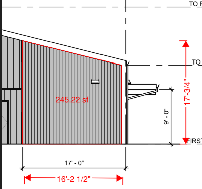 Mural area shown is 245.22 square feet and on the right side front when facing the building. The height is 17 feet, 3/4 inches with a gentle slope down to 13 feet. The width is 16 feet, 2 and 1/2 inches.