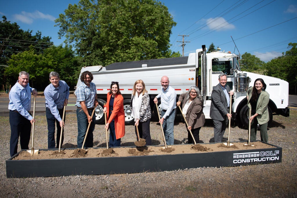 Leadership at shovel ceremony (l-r): David Perlick, City Parks, Recreation, and Cultural Services Director; Patrick Quinton, City Economic Development Director; Shawn Bills, State Director for US Senator Patty Murray; Amy Zoltie, City Real Estate Project Manager; Mayor Anne McEnerny-Ogle; Councilmember Ty Stober; Councilmember Diana Perez; Lon Pluckhahn, City Manager; Councilmember Kim Harless