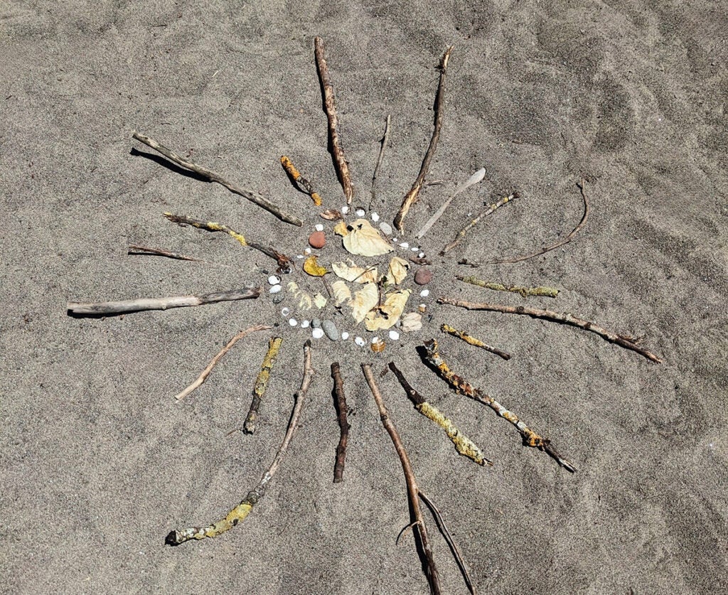An art piece on the beach made of natural materials, including sticks, shells, rocks, and leaves.