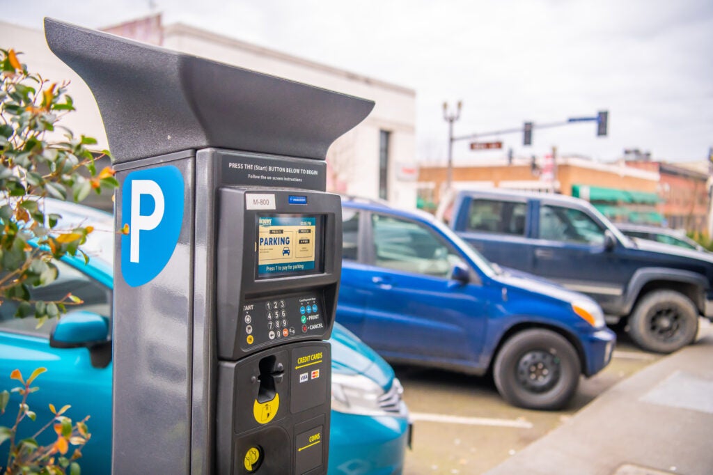 Digital parking meter in downtown.