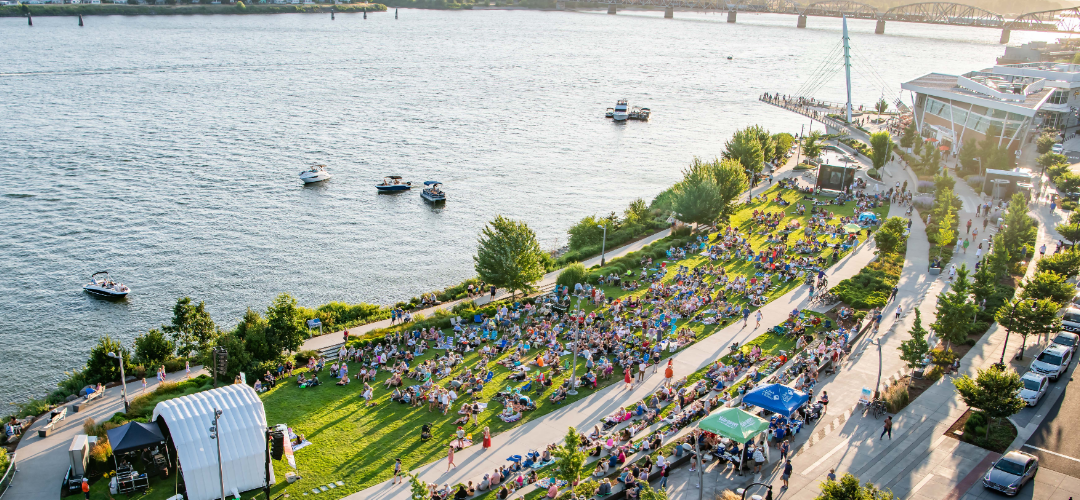 Waterfront Park aerial view during a busy summer concert on the lawn.