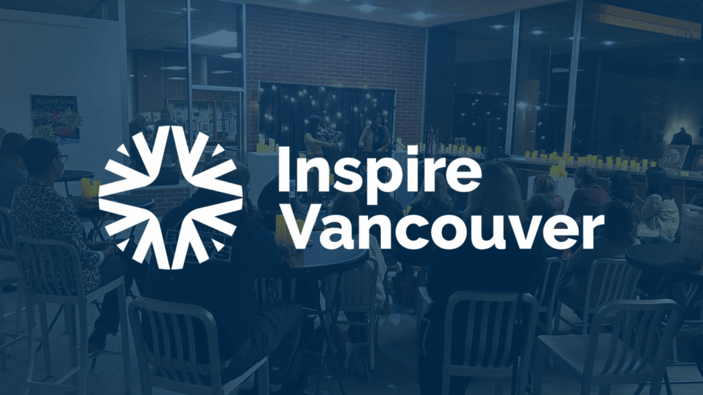 People watching a candlelit music performance in the front gallery of the Vancouver arts hub with a dark blue color overlay and white Inspire Vancouver logo