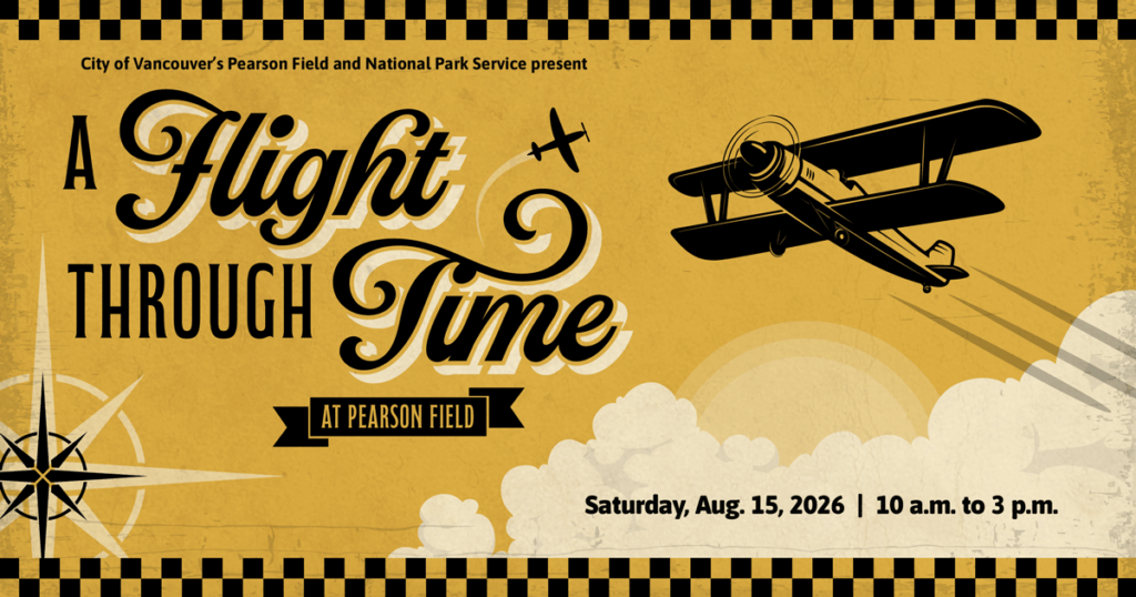 A black airplane flying through the sky on a yellow background with the words A Flight Through Time