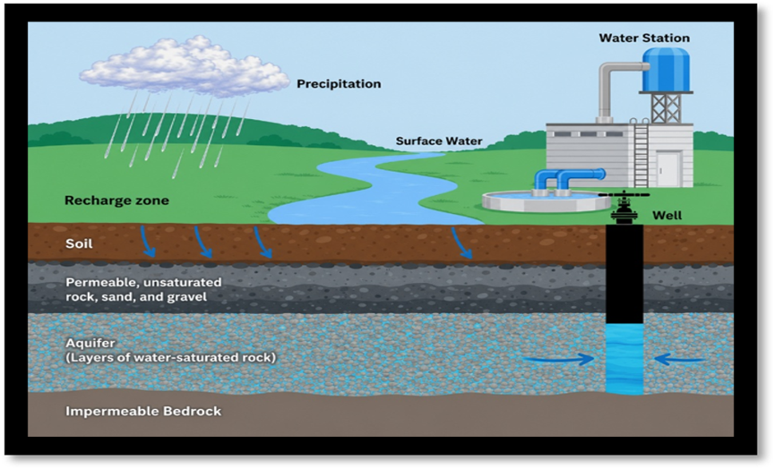 Graphic showing the layers of an aquifer.