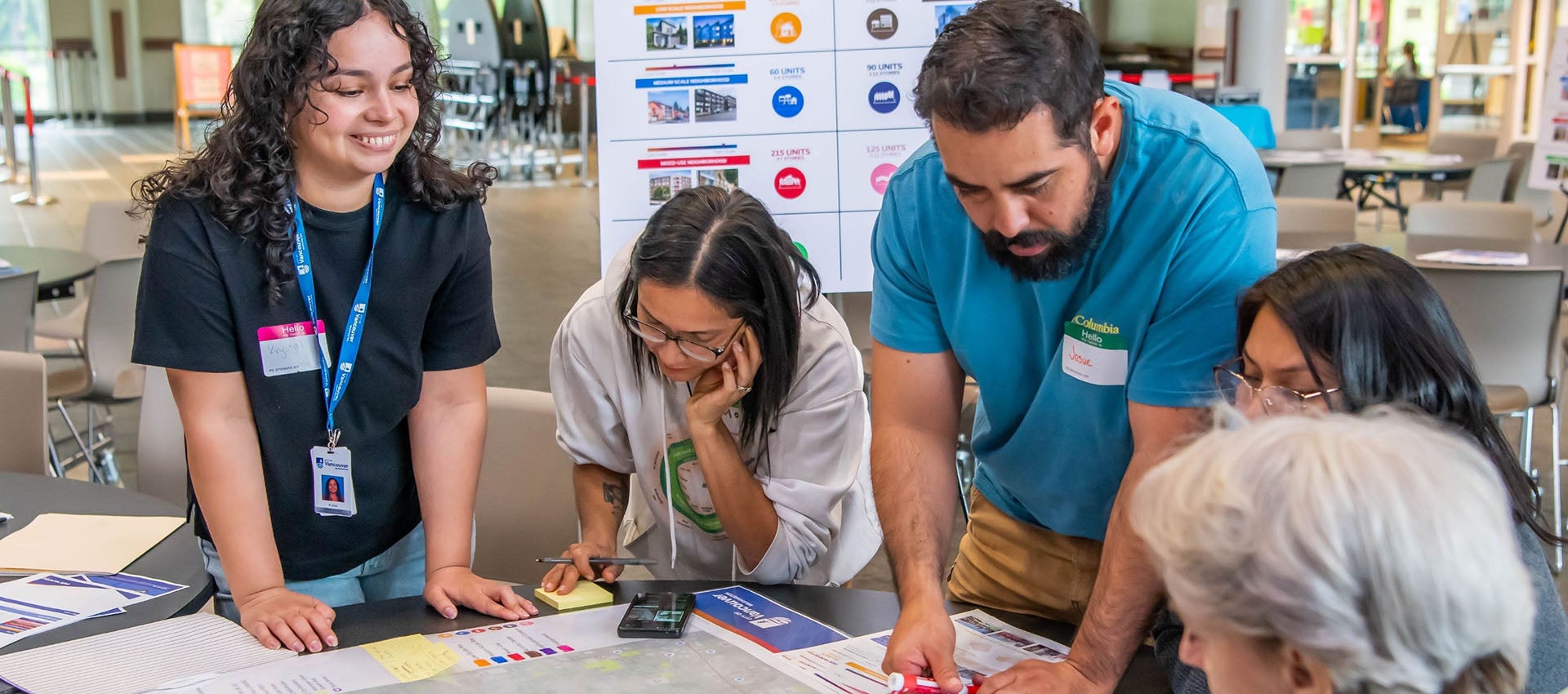People gather at a table around a map activity.