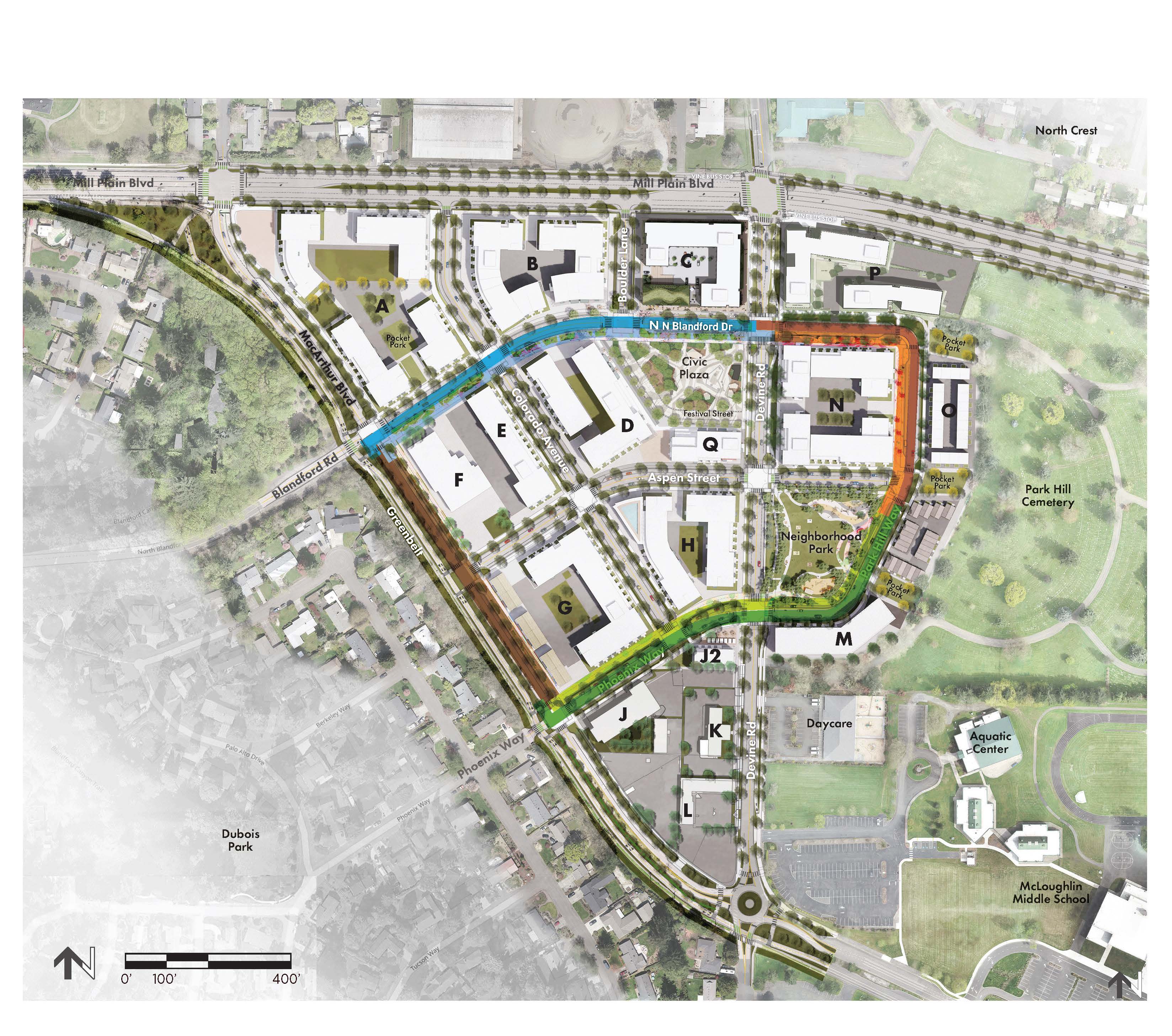 Aerial Heights District rendering showing buildings named A through N centered around a Civic Plaza and a Neighborhood Park, bordering Park Hill Cemetery to the East and McLoughlin Middle School to the South East.
