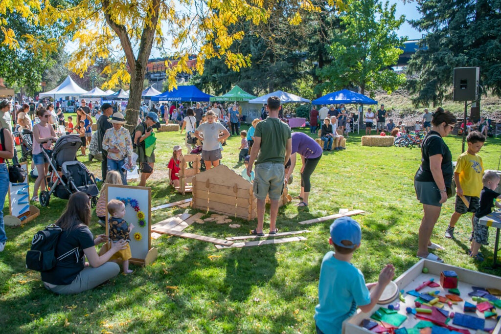 Community members participate in activities and look at vendor booths at the Old Apple Tree Festival.