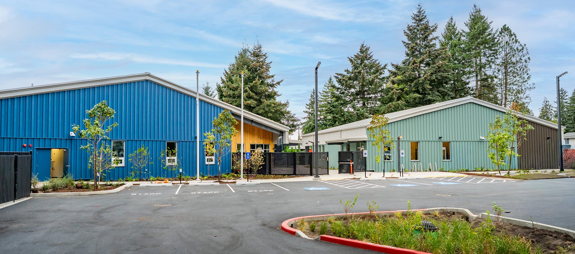 The front of two buildings at the Bridge Shelter campus.
