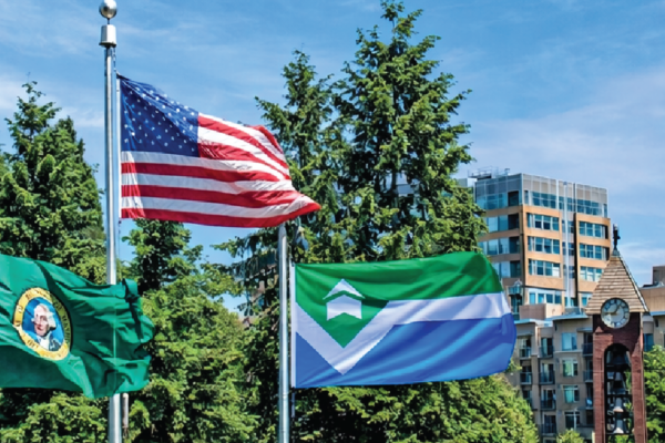 Washington State flag, United States flag, City of Vancouver flag